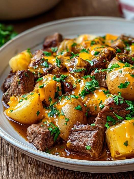 Hearty Crockpot Loaded Steak And Potato Bake