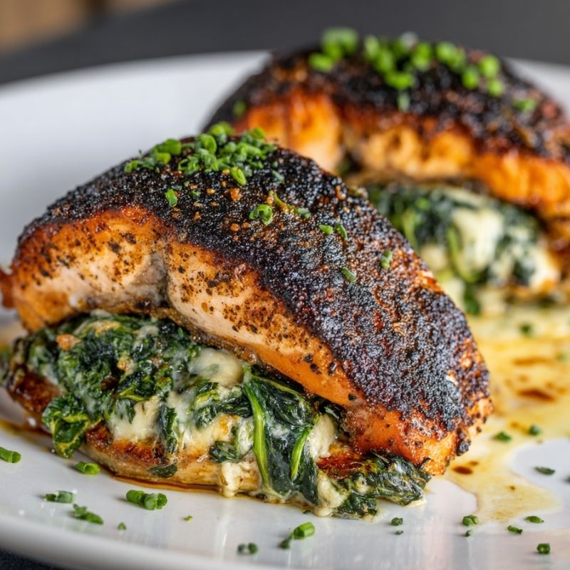 Delicious Blackened Salmon Stuffed With Spinach And Parmesan