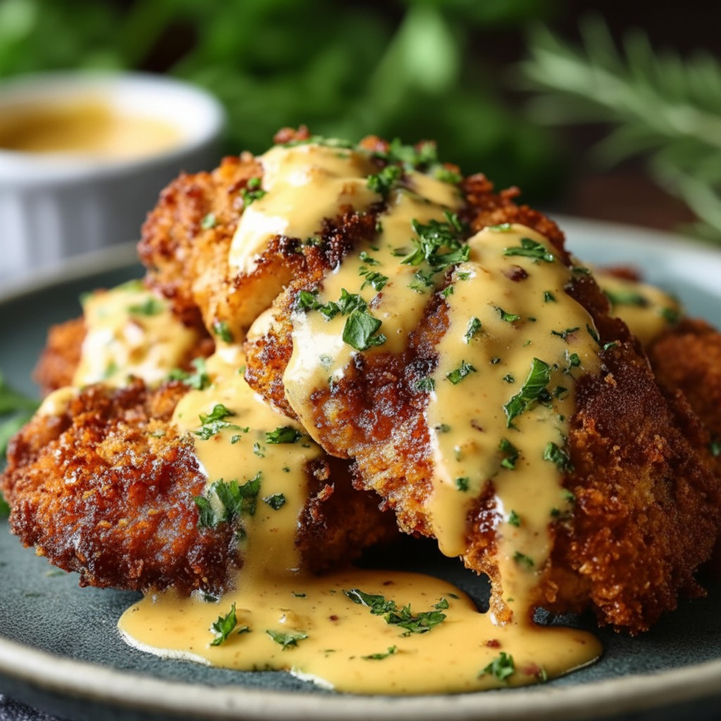Crispy Chicken With Mustard Cheddar Sauce