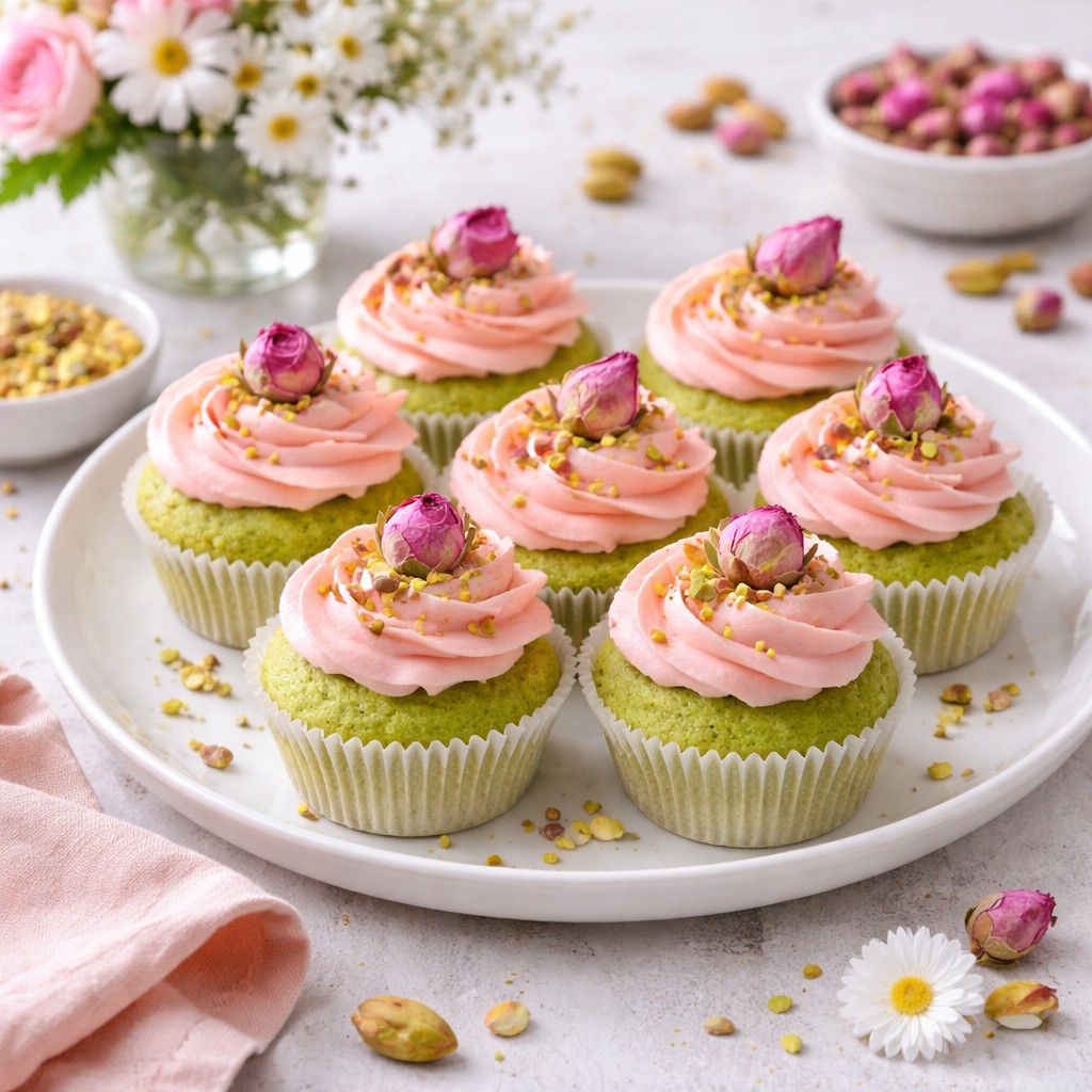 Vegan Mini Rose Pistachio Cupcakes