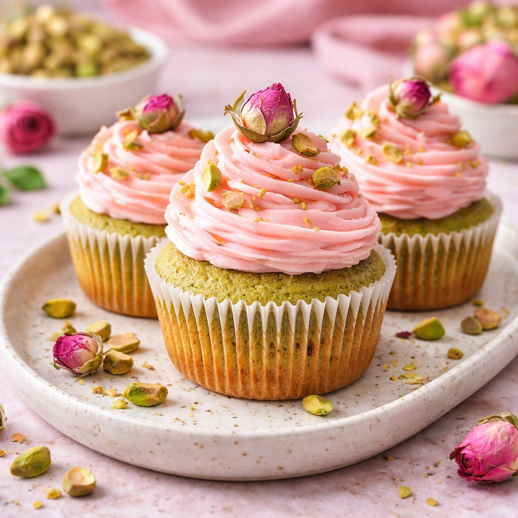 Vegan Mini Rose Pistachio Cupcakes